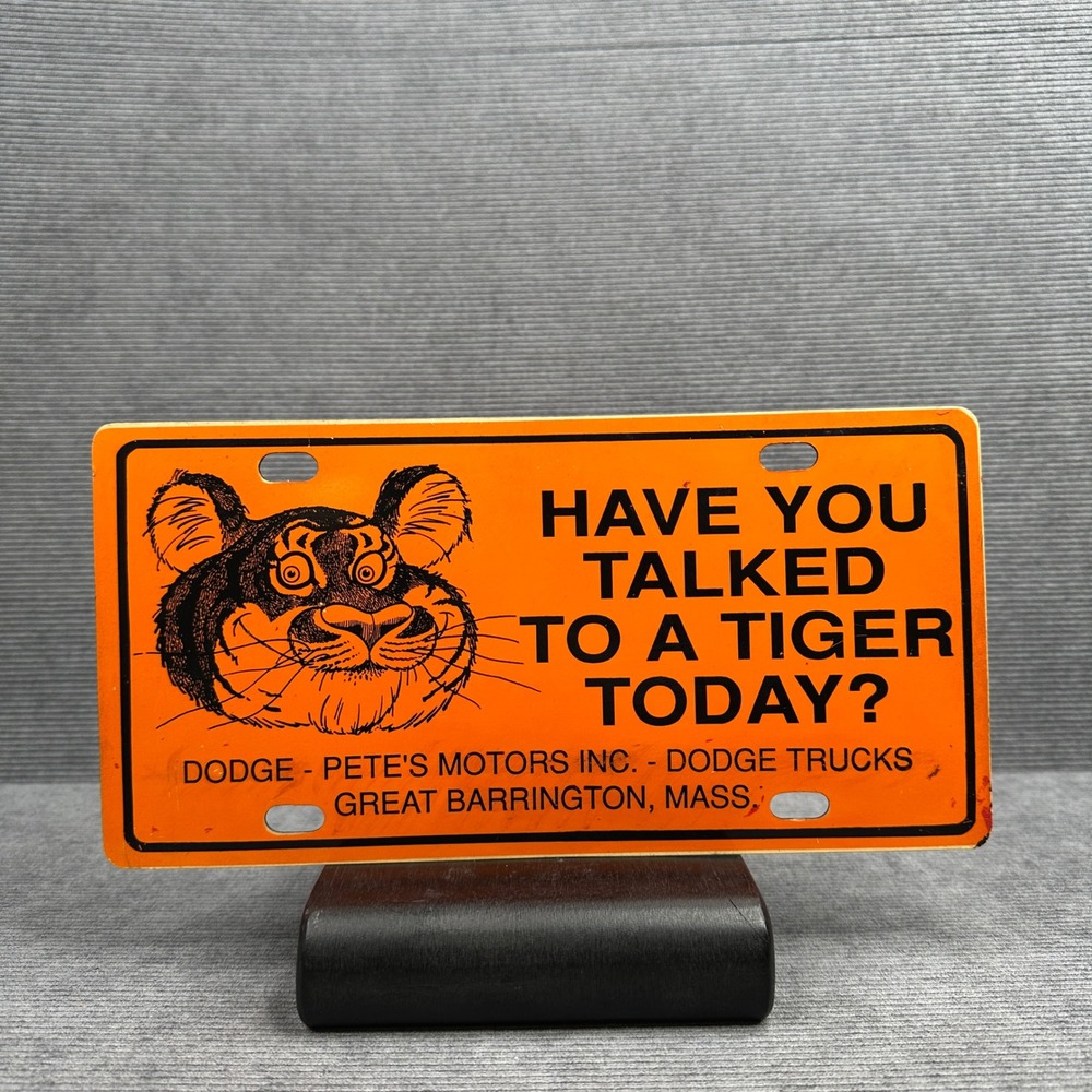 Vintage Dodge Pete's Motors Inc Tiger License Plate Great Barrington Mass Orange
